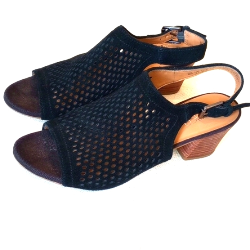 Franco Sarto Mandi2 Suede Leather Peep Toe Heels Size: 9M Color:Black
